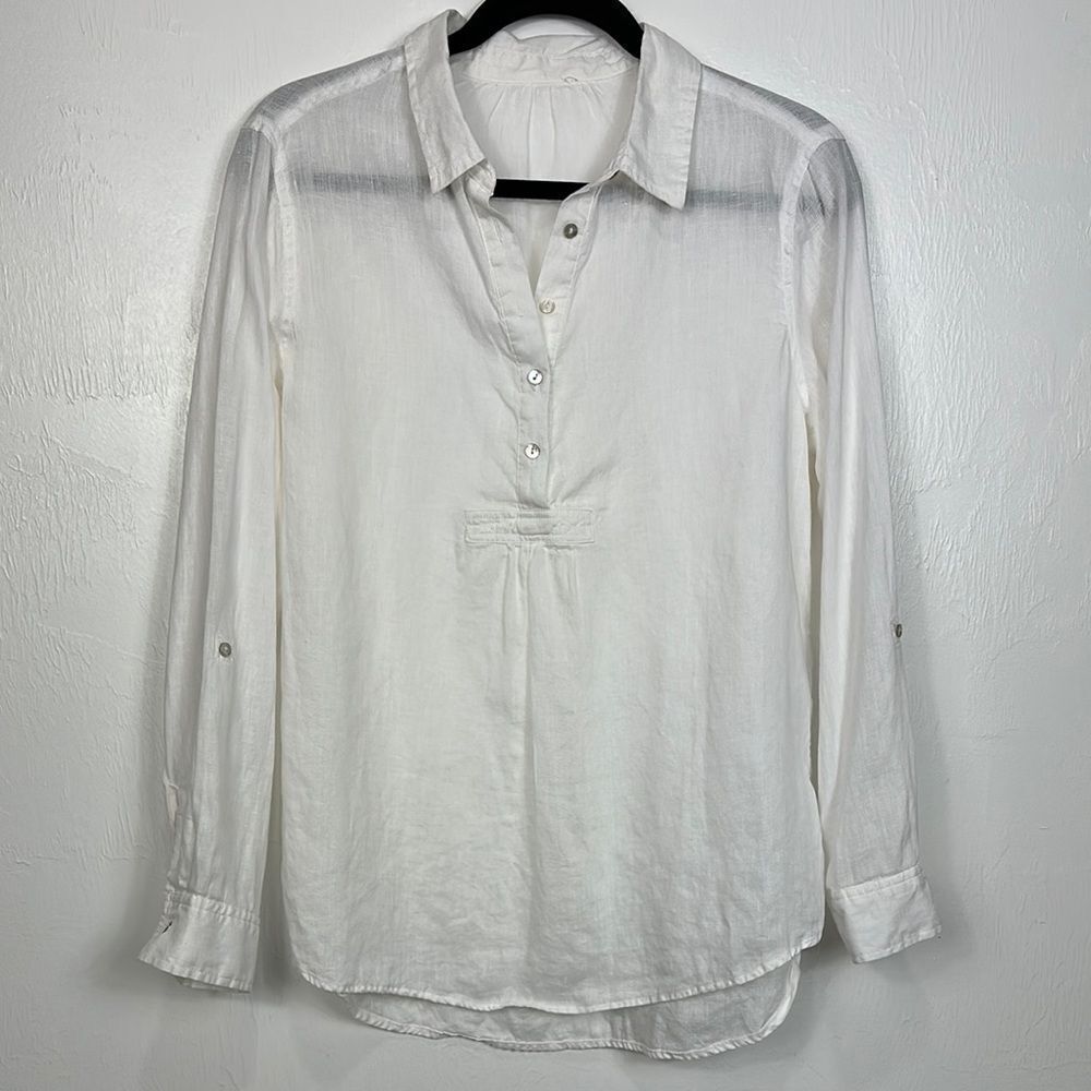 Tahari White Lightweight Collared Button-Trim Blouse